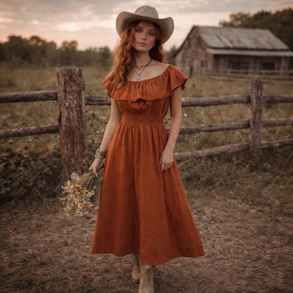 Old Navy Rust Orange Off-Shoulder Midi Dress